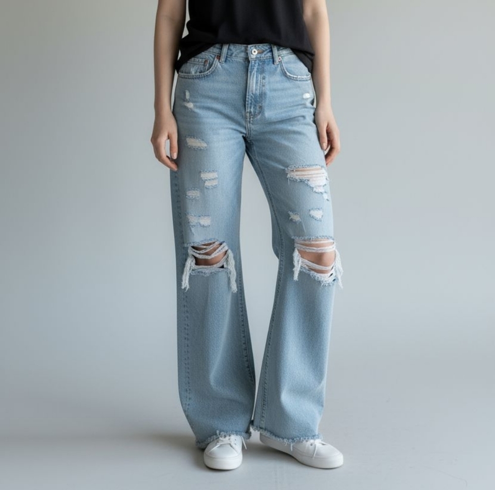 Zara Light Blue Distressed Wide-Leg Jeans